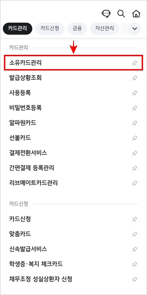 메뉴에서 '소유카드관리'를 선택