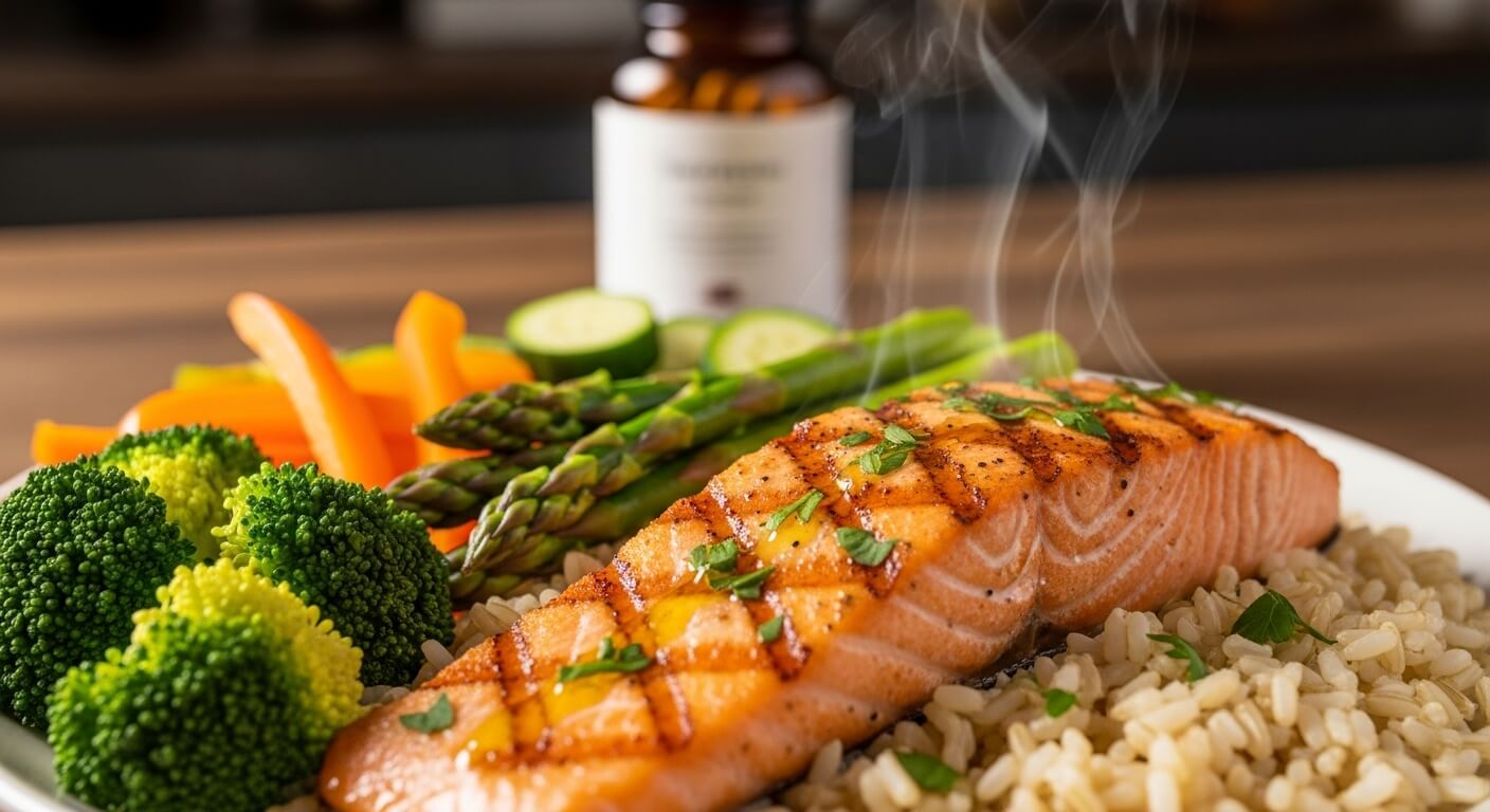 영양 균형이 잘 잡힌 건강한 식단과 함께 영양제를 섭취하는 모습으로, 균형 잡힌 생활 습관의 중요성을 보여줌