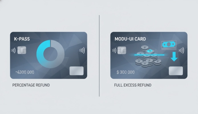 K-패스 카드와 모두의 카드 환급 방식의 차이를 시각적으로 비교하는 그림. K-패스는 비율 환급, 모두의 카드는 기준 초과분 전액 환급을 상징적으로 보여줍니다.