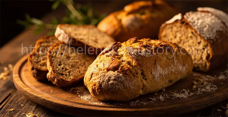 식탁 위 나무 쟁반에 담긴 통밀빵 이미지.