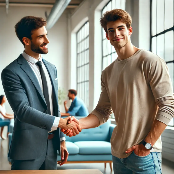2025년 취업 지원 프로그램에 성공적으로 참여해 고용센터에서 상담사와 악수하는 젊은 남성의 초고해상도 사진