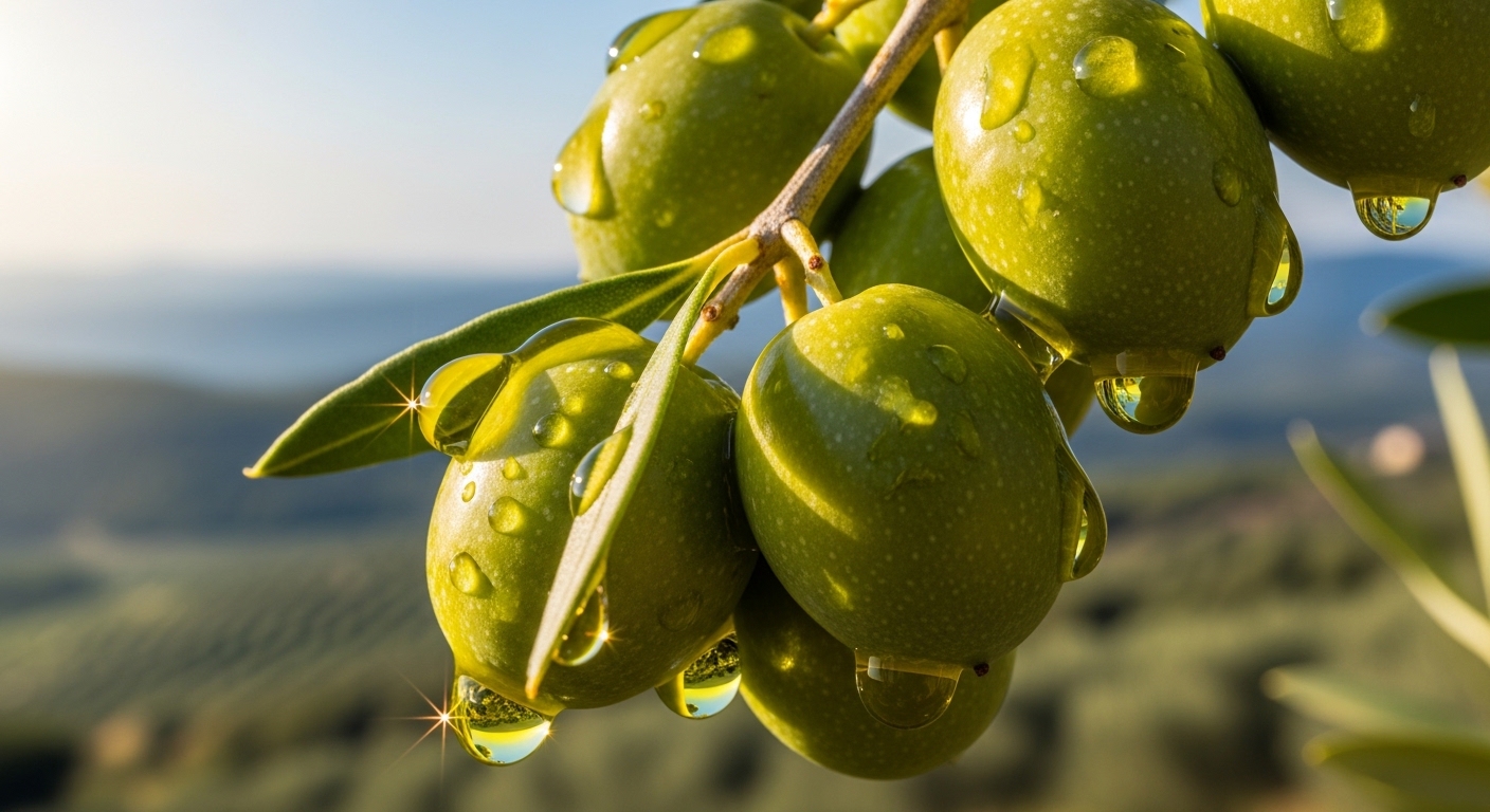 싱싱한 초록색 올리브 열매와 그 옆에 맺힌 황금빛 올리브유 방울. 올리브유의 신선함과 원료의 순수함을 강조합니다.