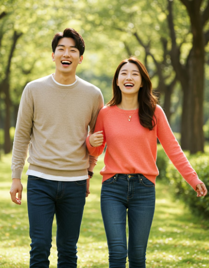 비염을 극복하고 환하게 웃으며 산책하는 부부
