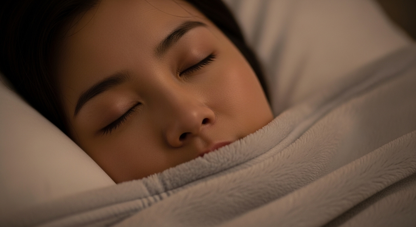 정전기가 사라진 포근한 극세사 이불에 누워 편안하게 잠든 여성