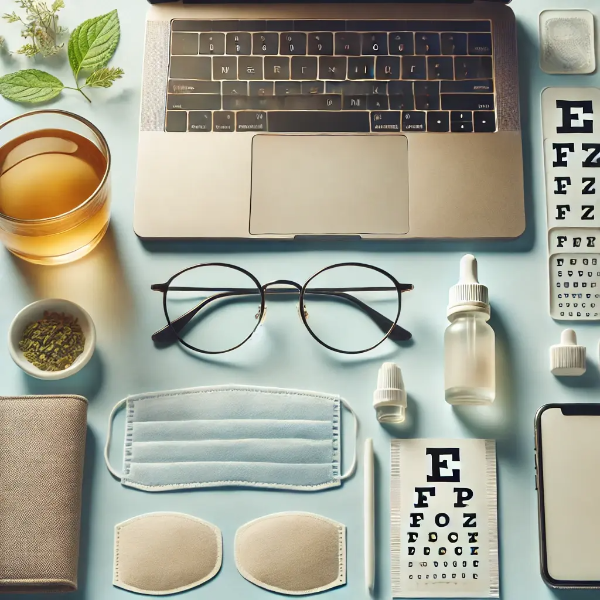 하얀 배경 위에 정리된 블루라이트 차단 안경, 인공눈물, 스크린 필터, 허브티의 전문 스튜디오 촬영 사진