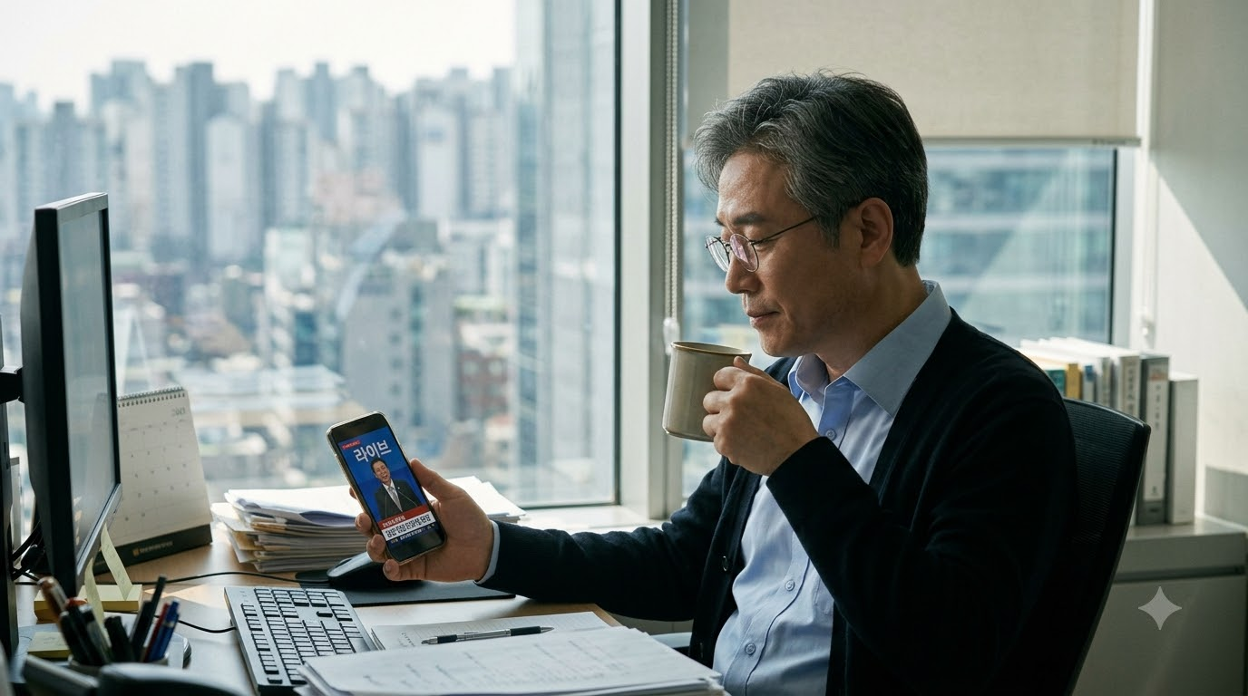 늦은 오전 사무실 창가에서 스마트폰으로 기자간담회를 보며 차분히 커피를 마시는 50대 직장인