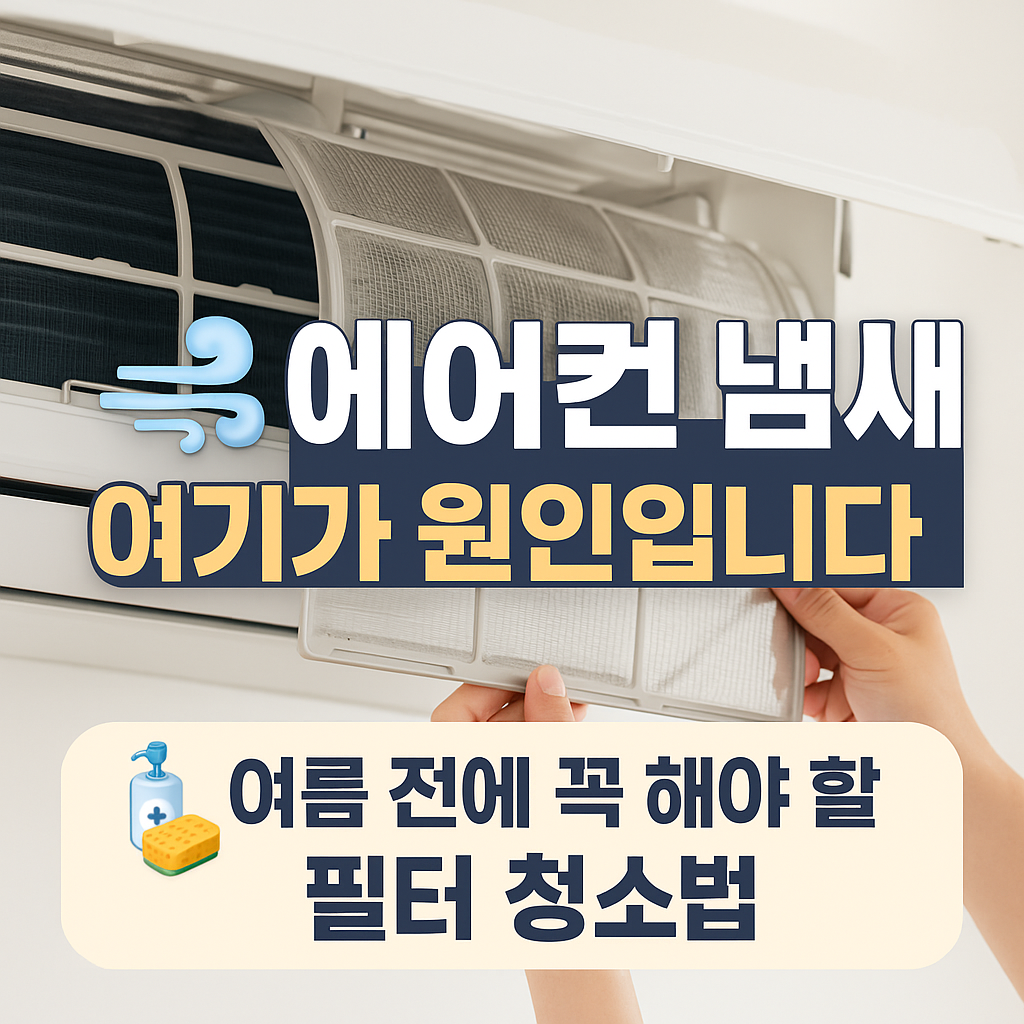 "에어컨 필터를 손으로 꺼내며 청소하는 모습 위에 ‘에어컨 냄새, 여기가 원인입니다’라는 문구와 ‘여름 전에 꼭 해야 할 필터 청소법’이라는 문장이 적힌 썸네일 이미지"