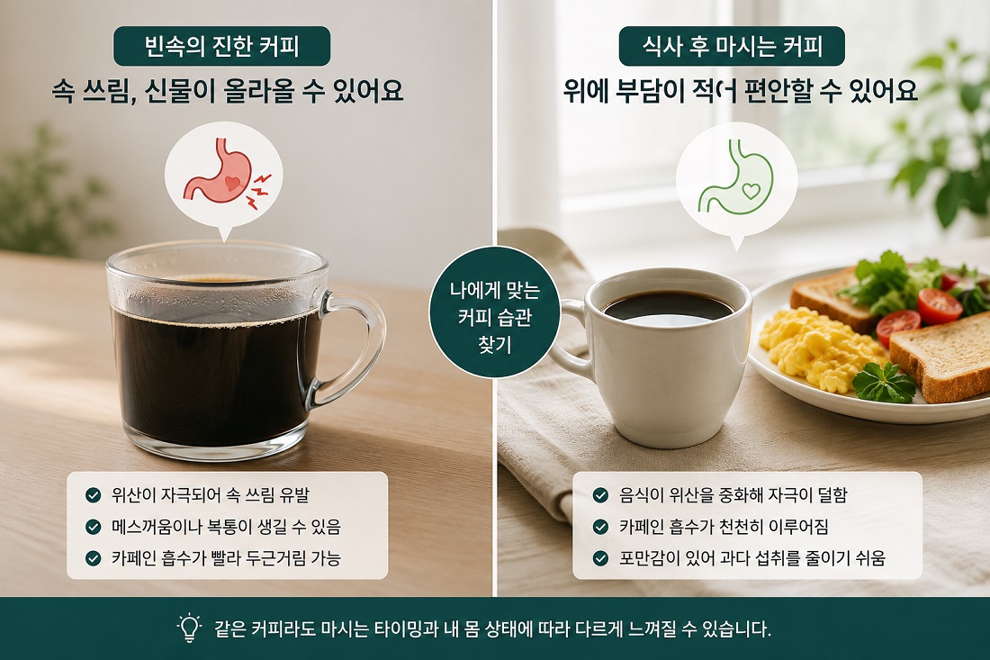 빈속의 진한 커피와 식사 후 마시는 커피를 비교해 속 쓰림 여부를 살펴보는 장면