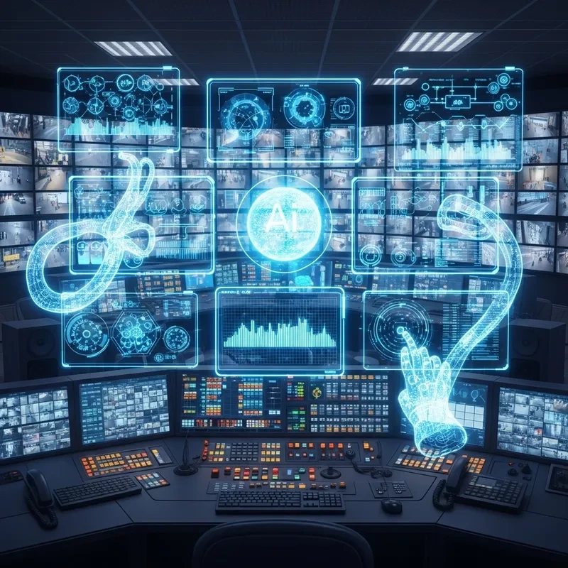 터치 스크릔과 AI를 이용한 미래사회를 보여주는 이미지