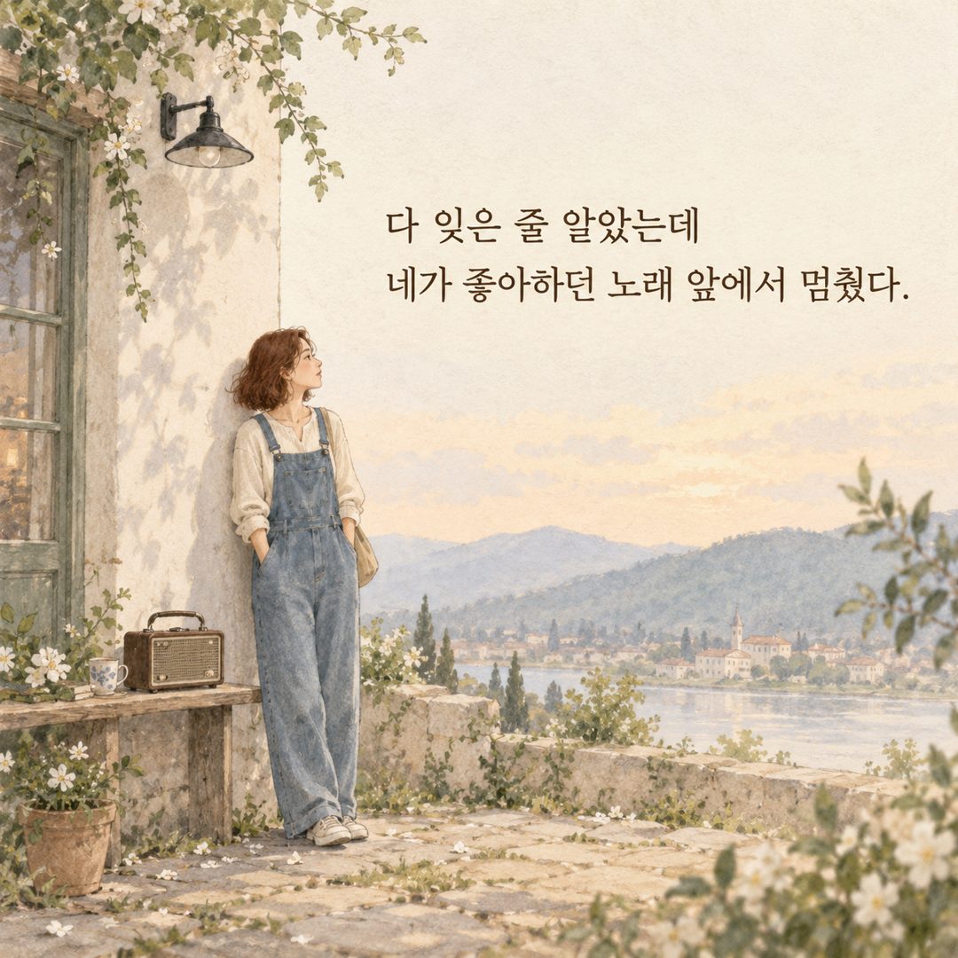 다 잊은 줄 알았는데 네가 좋아하던 노래 앞에서 멈췄다.
