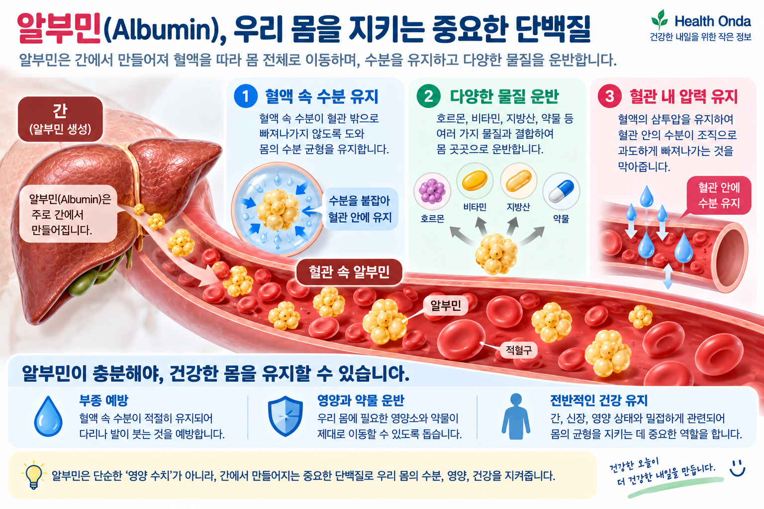 혈액 알부민의 수분 유지와 운반 역할을 설명하는 그림