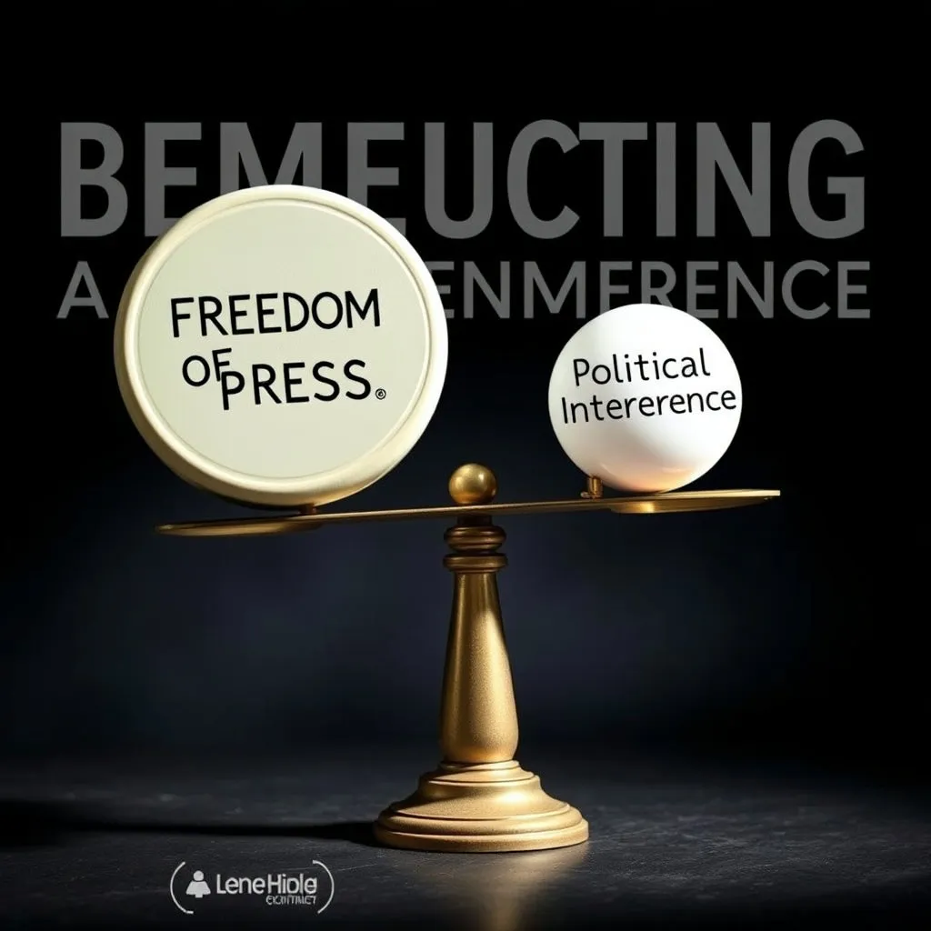 한쪽에는 '언론 자유'라고 쓰인 무거운 추가, 다른 한쪽에는 '정치 개입'이라고 쓰인 가벼운 추가 놓인 저울이 불안하게 기울어지고 있습니다. 저울은 흔들리고 있으며, 배경은 어둡게 연출하여 불확실성을 강조