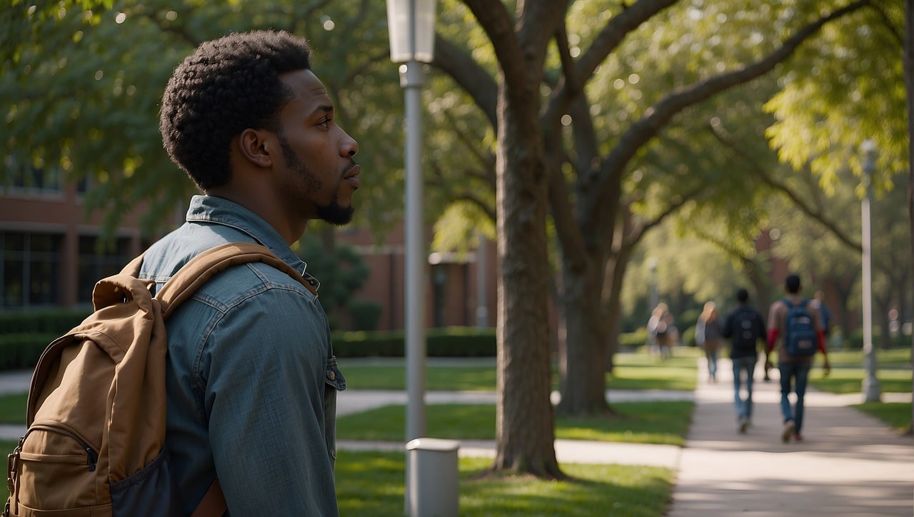 남자 대학생 한 명이 캠퍼스를 걸어다니는 사진입니다.