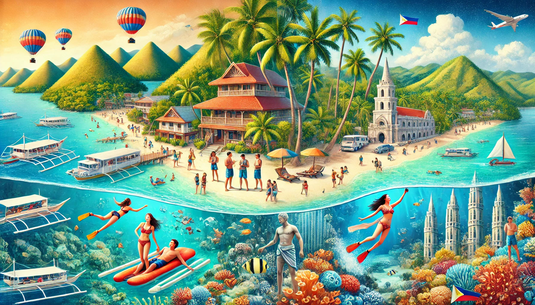 보홀과 세부의 아름다운 해변과 여행지를 배경으로 한 여행자들의 모습