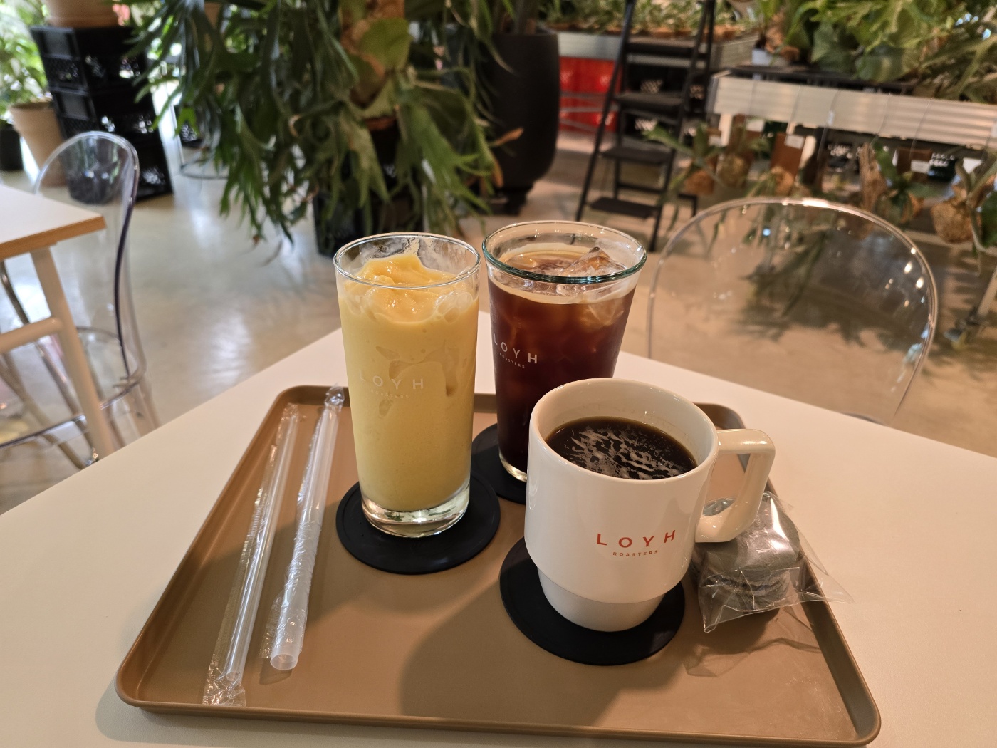 우리가 주문한 망고스무디와 아이스아메리카노,따뜻한아메리카노