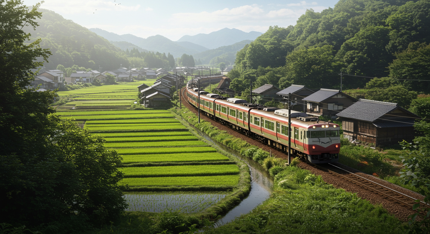 평화로운 교토 근교 시골 풍경 속을 달리는 일본 기차