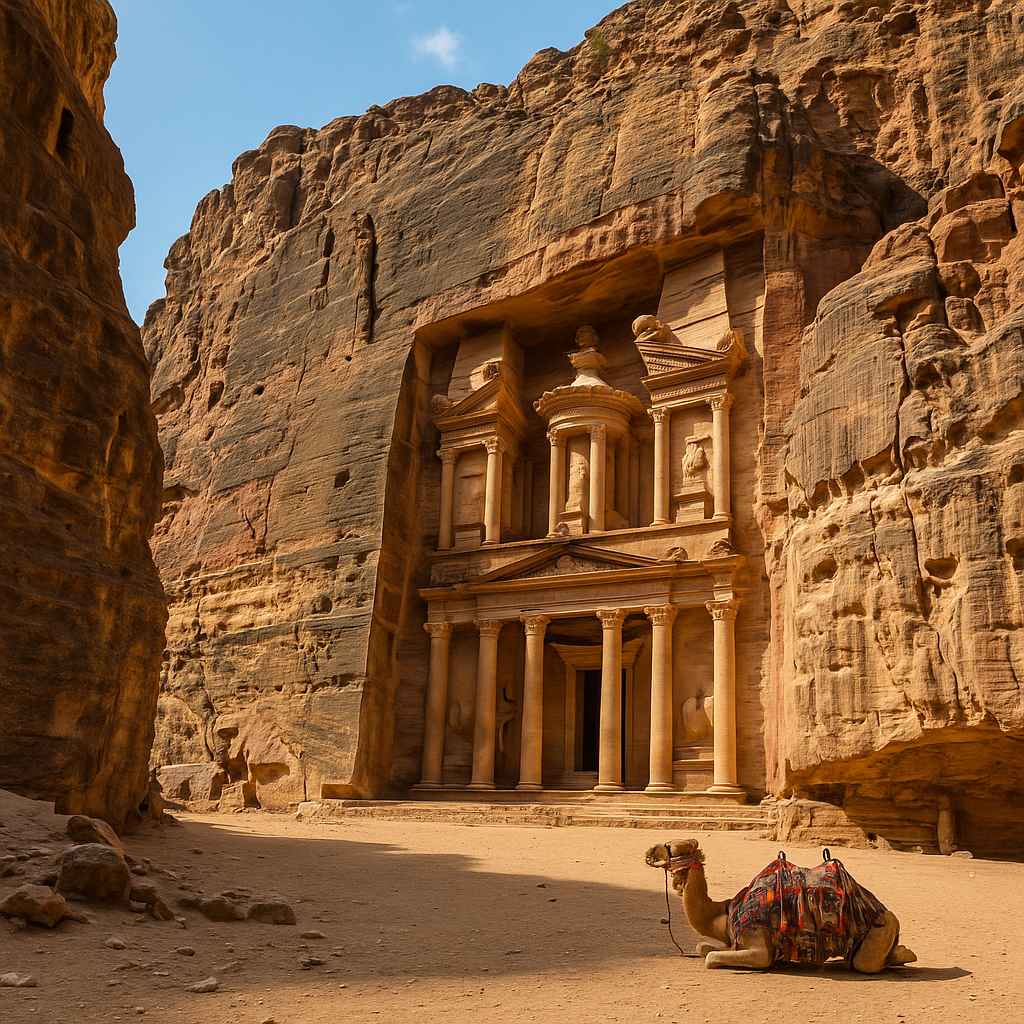 요르단 페트라의 시크 협곡 끝에 위치한 엘 카즈네 유적이 햇살에 반사되어 황금빛으로 빛나는 모습