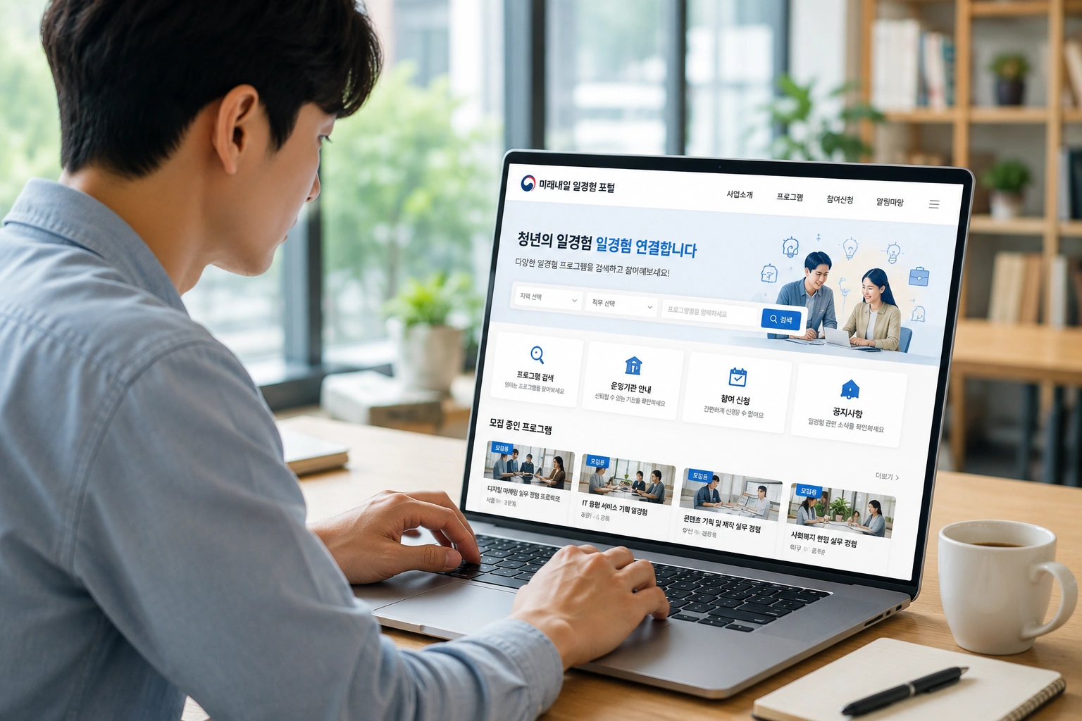 청년이 노트북으로 미래내일 일경험 포털에 접속해 모집 중인 프로그램을 검색하는 모습
