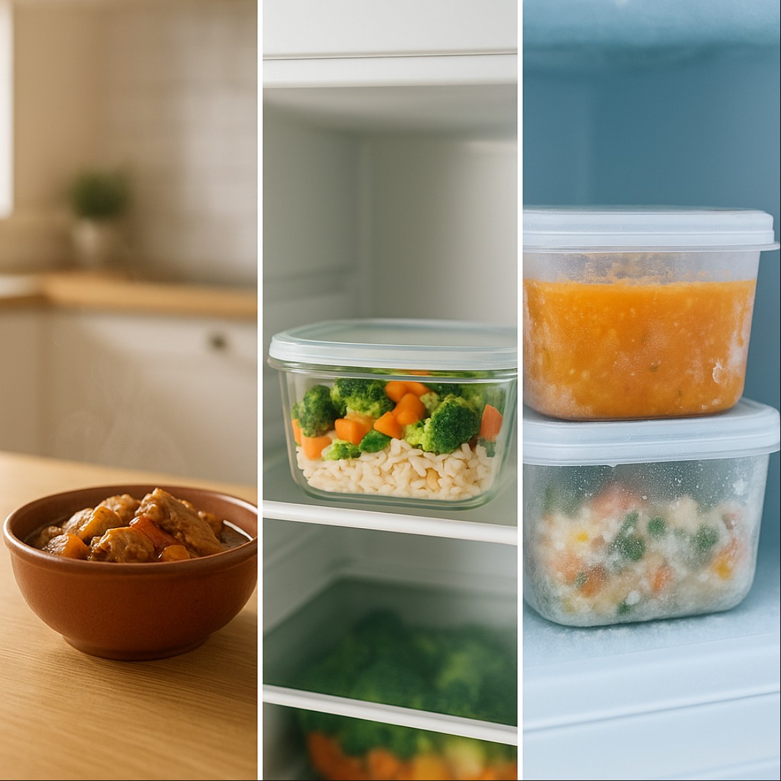 남은 음식 보관 과정을 실온 냉장 냉동 단계별로 보여주는 정사각형 이미지