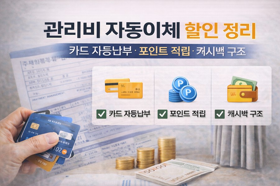 아파트 관리비 자동이체 할인 방법을 카드 자동납부, 포인트 적립, 캐시백 구조 중심으로 한눈에 정리한 생활비 절약 안내 이미지입니다.