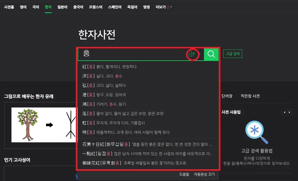 네이버 한자사전에서 &amp;#39;홍&amp;#39;을 작성하여 한자를 변환