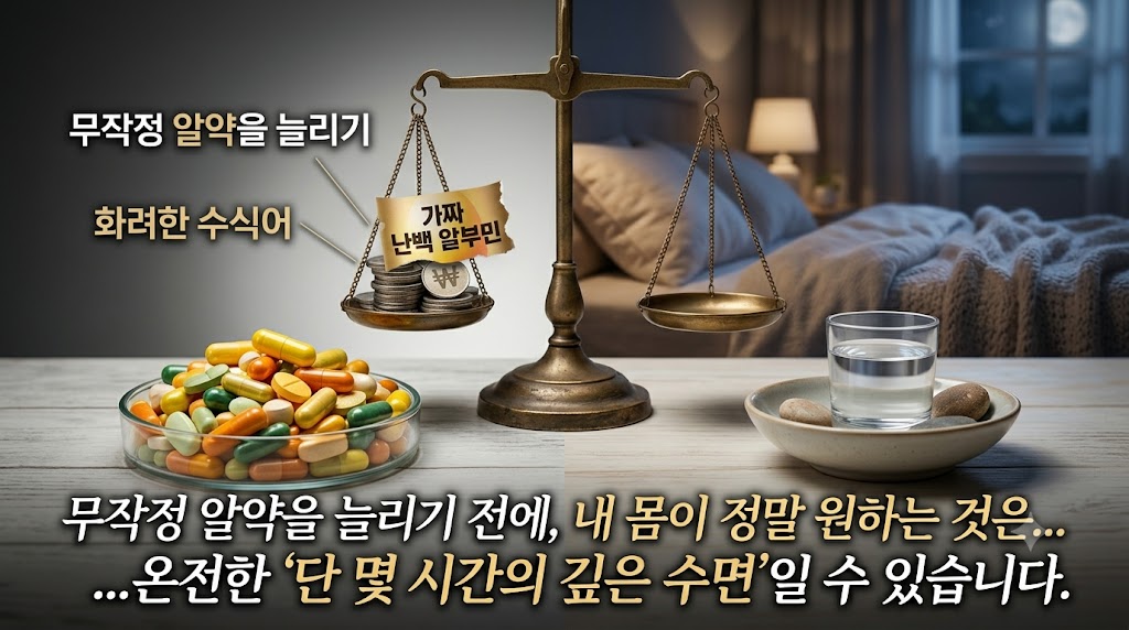 중앙에 놓인 빈티지 저울을 중심으로 왼쪽과 오른쪽이 대비되는 이미지. 왼쪽은 차가운 조명 아래 투명한 그릇에 가득 담긴 화려한 색상의 알약들과 저울 접시 위에 쌓인 동전, 그리고 '가짜 난백 알부민' 조각이 올려져 있다. 오른쪽은 따뜻하고 아늑한 조명 아래 정돈된 침대와 베개, 창밖으로 빛나는 은은한 달빛이 보이며, 저울 앞에는 맑은 물 한 잔이 놓여 있다. 이미지 상하단에는 한글로 "무작정 알약을 늘리기 전에, 내 몸이 정말 원하는 것은... 온전한 '단 몇 시간의 깊은 수면'일 수 있습니다."라는 문구가 선명하게 적혀 있다.