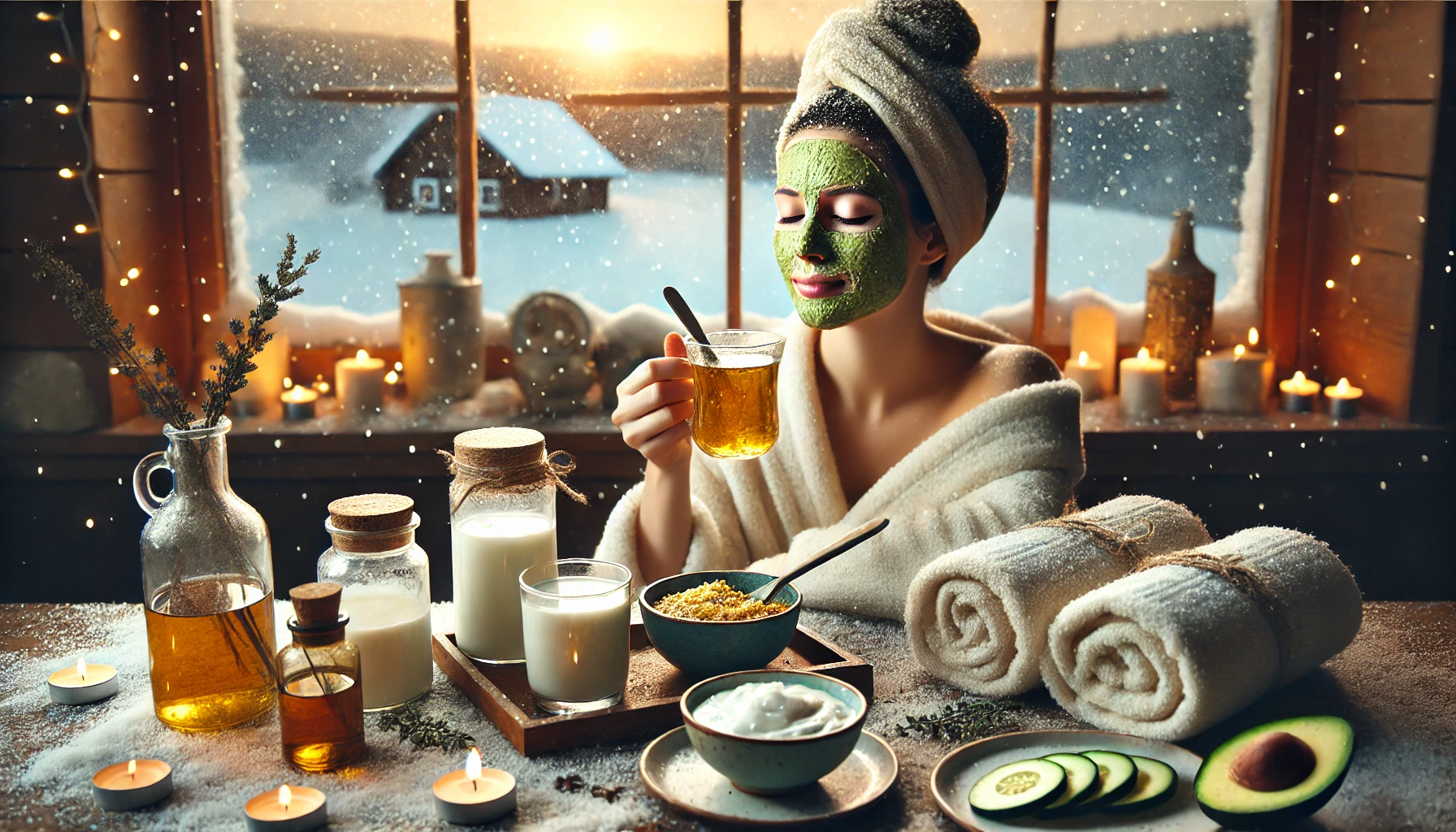 천연 보습팩을 한 채 따뜻한 허브티를 마시는 장면. 전면에는 천연 재료들이 정리.