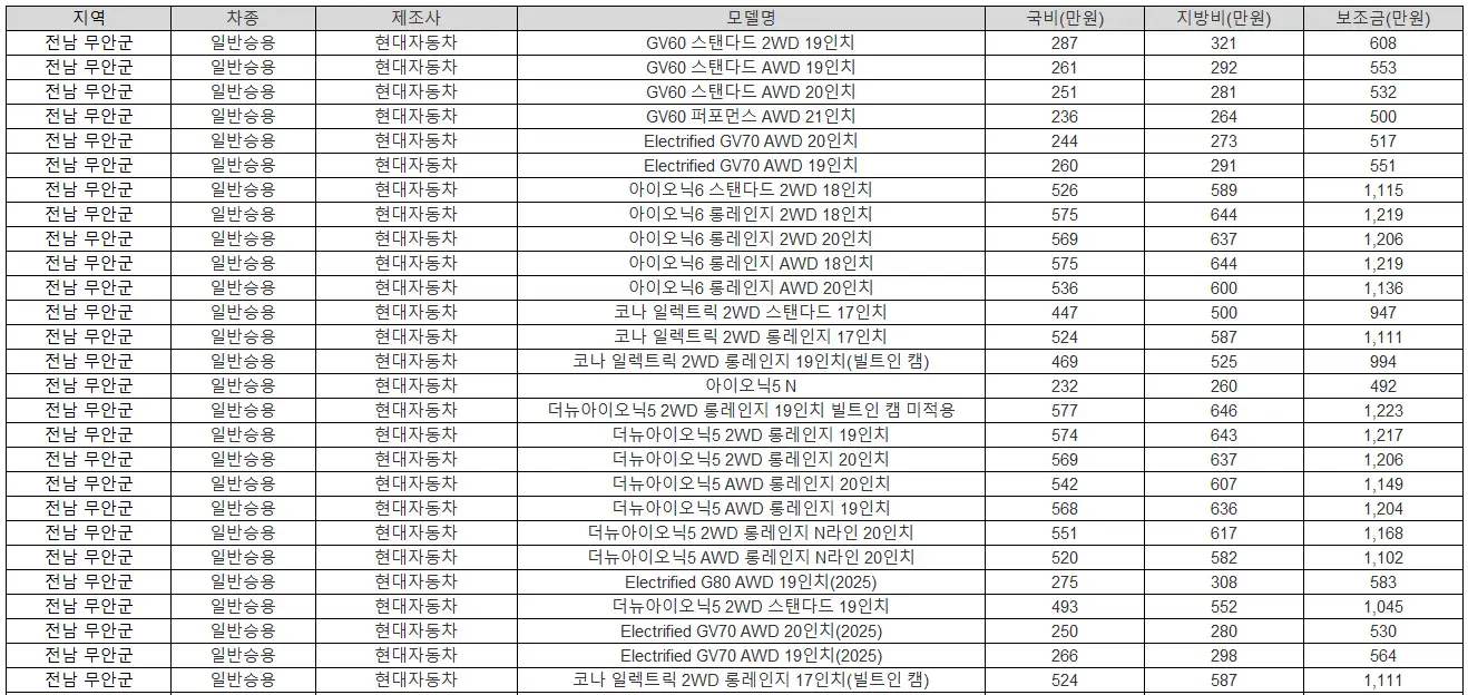 2025년 전남 무안군 전기차 보조금