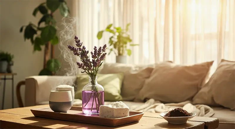 장마철 거실 실내의 쾌적함을 위해 디퓨져를 사용하고 있는 이미지.
