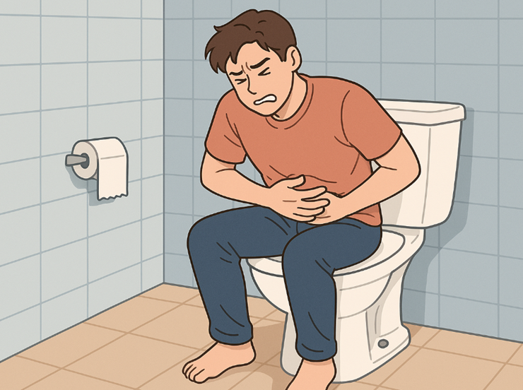 화장실에서 배를 잡고 있는 남자