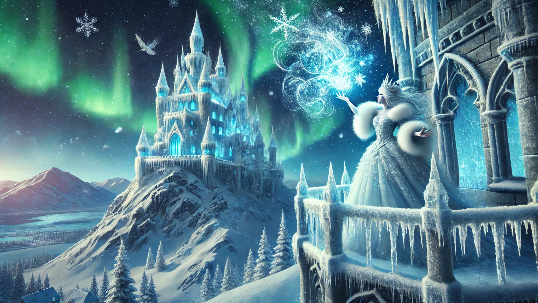 눈 덮인 성과 얼음 마법을 사용하는 강력한 여왕