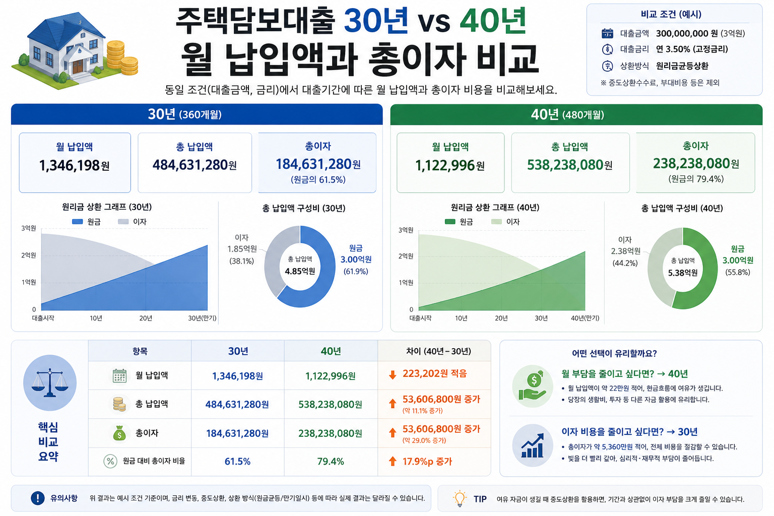 주택담보대출 30년 40년 월 납입액 총이자 비교