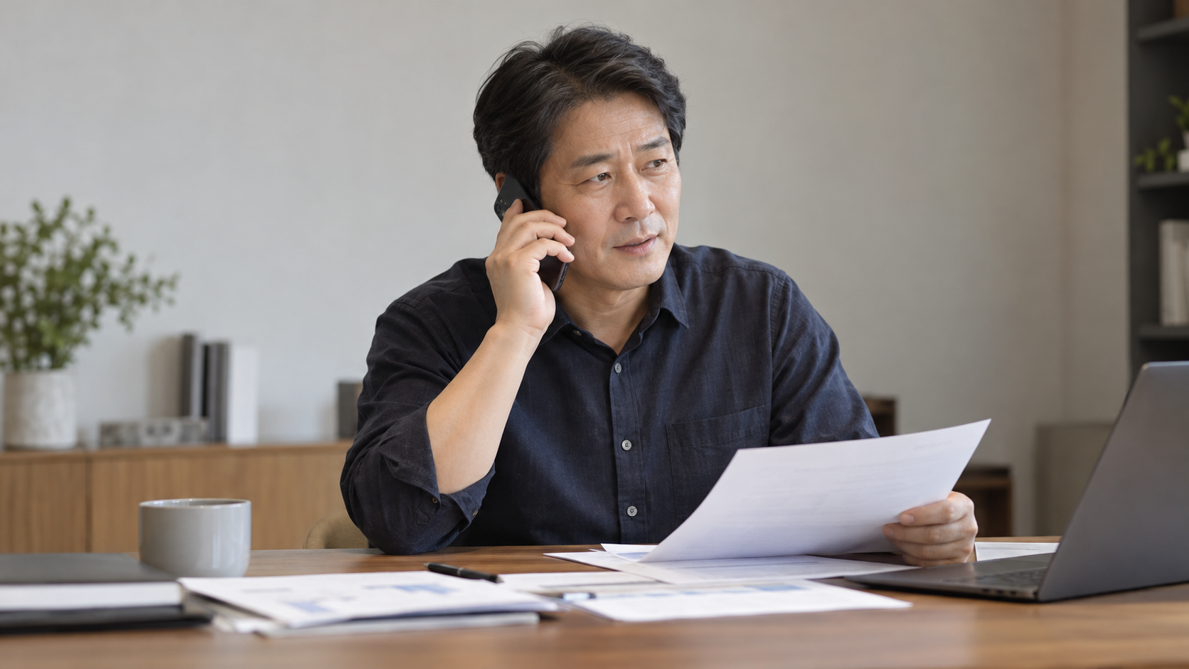 전화로 장려금 상담을 받는 남성과 서류