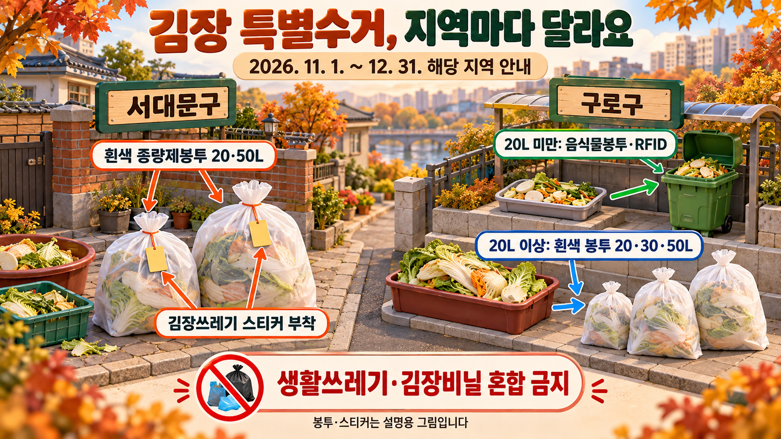 2026년 11~12월 서대문구의 스티커 부착 조건과 구로구의 배출량별 봉투 기준을 서로 다른 입체 수거 장면으로 비교한 인포그래픽