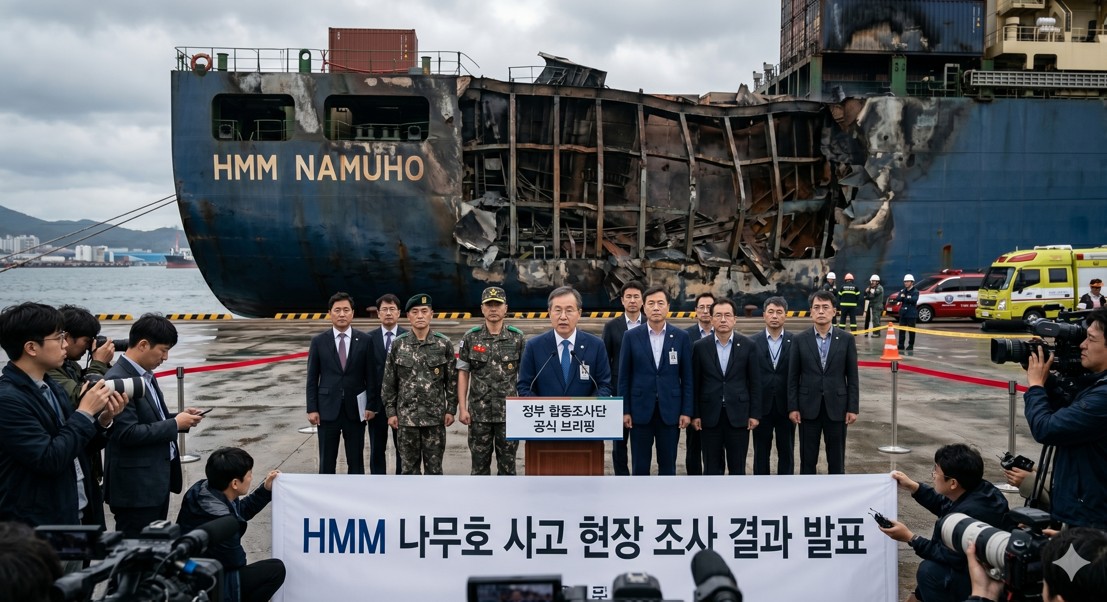 정부 합동 조사단이 사고 선박 앞에서 공식 브리핑을 진행하는 엄숙한 분위기의 현장 사진