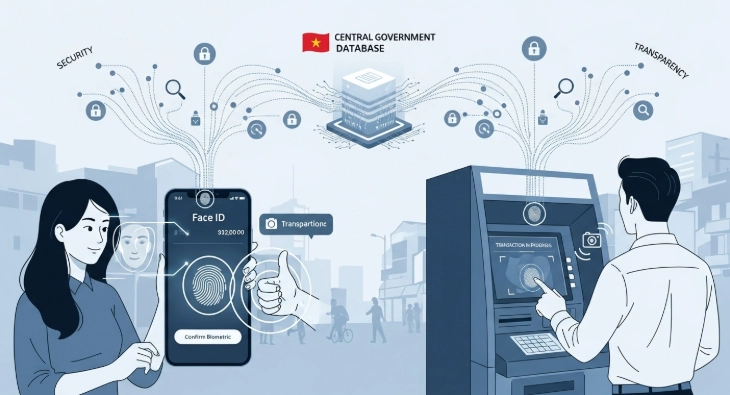 베트남 금융 거래에 사용되는 생체인증(얼굴 및 지문 인식) 시스템. VNeID와 연동된 금융 투명성 강화를 나타냅니다.