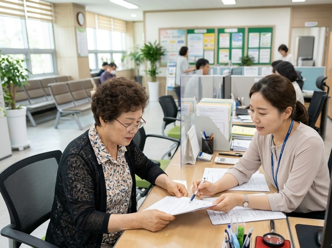 행정복지센터 창구에서 노인일자리 신청 상담을 받는 어르신