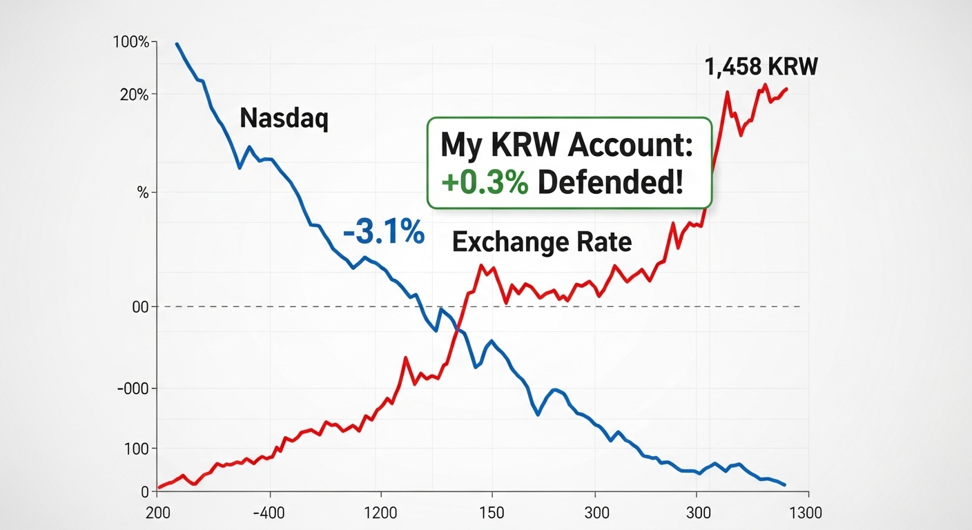 '나스닥 -3.1%' 파란색 하락 그래프와 '환율 1458원' 빨간색 상승 그래프가 교차하며 '내 계좌 +0.3%'를 지켜주는 이미지