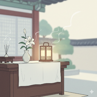 한국 전통 장례식장의 입관식 전 정결하게 놓인 하얀 백합과 따뜻한 전통 등 조명 일러스트