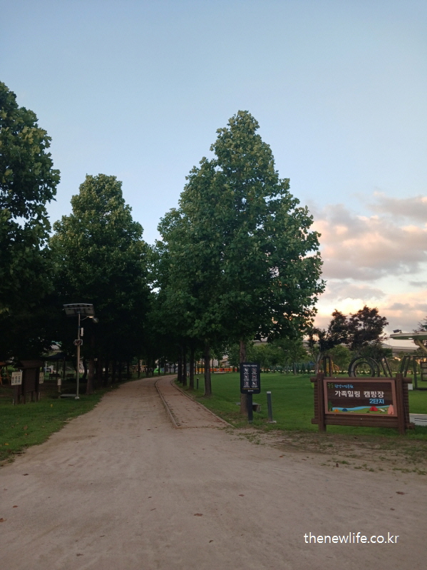 구리 한강시민공원 어싱 코스 입구 전경, 흙길과 안내판이 함께 보이는 여름 풍경