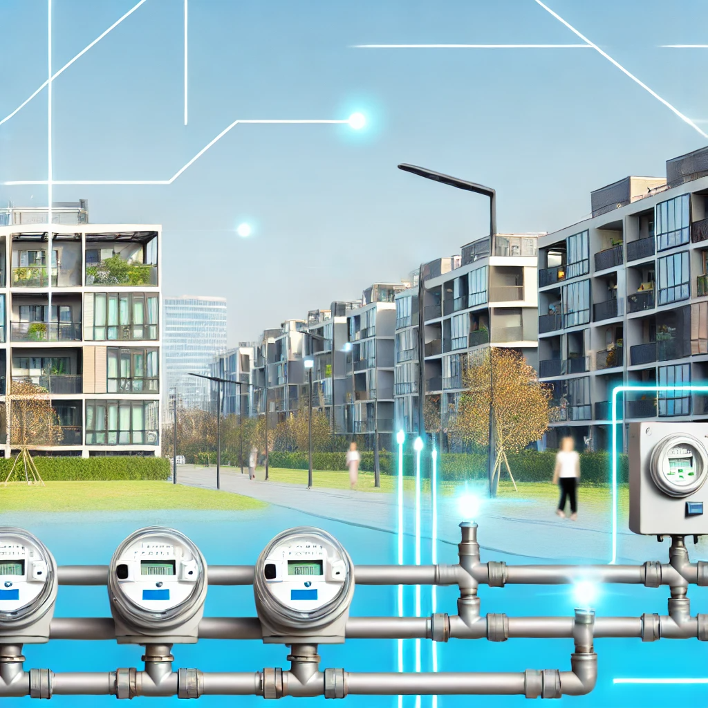 도시 건물들이 도시가스 파이프라인에 연결된 모습. 가스 계량기와 파이프가 주택과 연결되어 있으며, 맑은 하늘과 함께 일상적인 도시 생활을 보여줌.