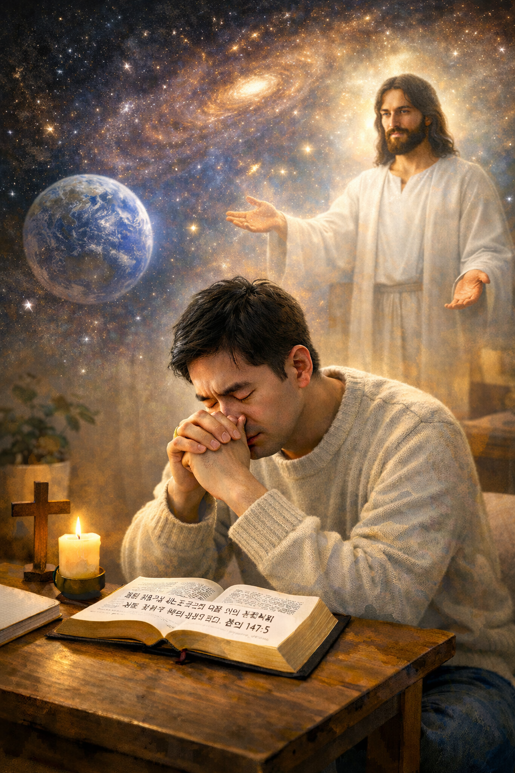 시 147:5 말씀을 보며&amp;#44; 능력에 한게가 없으신 주님께서는 그가 아시는 것도 한게가 없으십니다. 그가 아시는 것이 무한하시므로 그가 아시는 것은 참으로 한계가 없으신 분이십니다. 주여&amp;#44; 주님의 능력이 한계가 없으시고&amp;#44; 아시는 것이 한계가 없으신 분을 찬양하며&amp;#44; 그 분은 모든 것을 아시므로 제가 무엇을 가리거나 주님 모르게 하는 일이 있을 수 없음을 인정하며 모든 상황과 환경을 주님께 말씀드리고 주님께로부터 지식과 지혜를 구하는 삶을 살아가기를 간절히 구하는 시도를 하는 모습입니다.