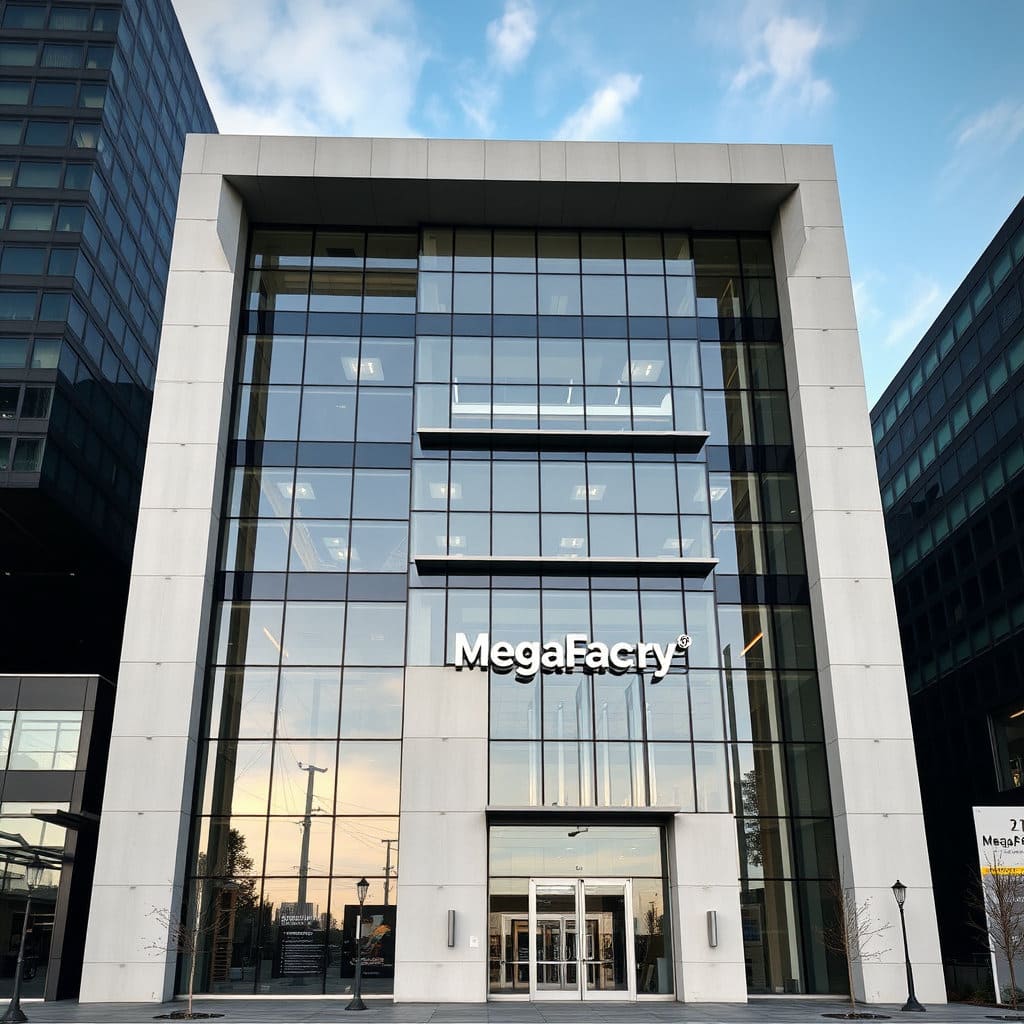 현대적이고 넓은 공간의 창고형 약국 건물을 보여주세요. '메가팩토리'와 같은 이름이 연상되는 간판이 작게 포함되거나, 건물의 규모감을 강조하는 구도로 표현합니다. 주변의 일반적인 건물들과 대비되는 독특한 디자인을 부각하면 좋습니다.