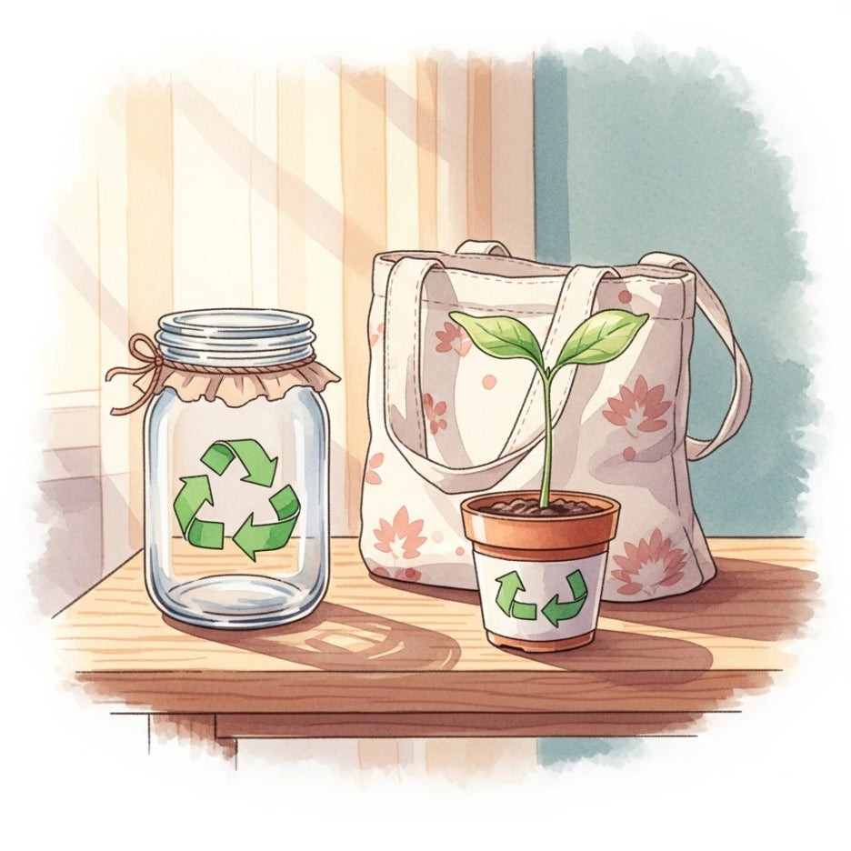 재활용 용기와 에코백이 놓인 따뜻한 느낌의 책상