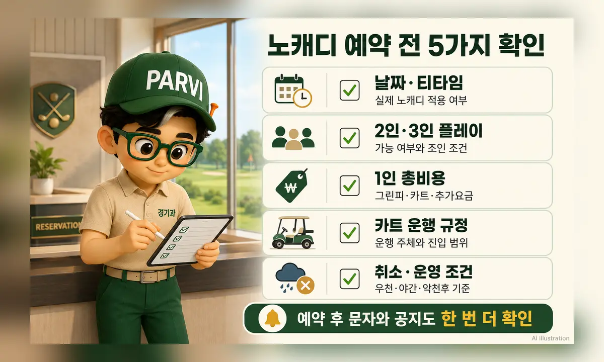 노캐디 예약 전 날짜와 티타임, 인원, 총비용, 카트 규정, 취소 조건 체크리스트