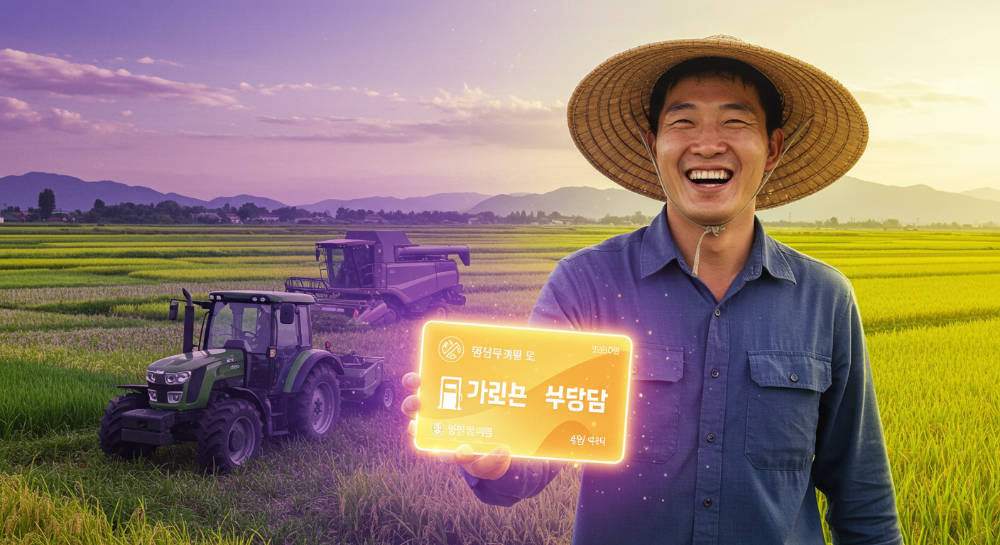 활기찬 농부가 농기계 앞에서 면세유 카드를 들고 웃고 있는 모습, 2025년 농업용 면세유 지원제도의 혜택과 희망을 상징합니다.