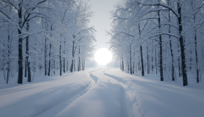 빛이 보이는 숲길을 따라 걷는 겨울의 희망적인 모습