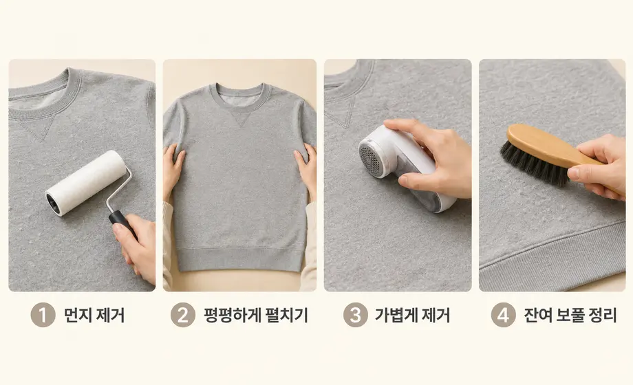 먼지 제거부터 옷 펼치기, 보풀 제거기 사용, 잔여 보풀 정리까지 4단계