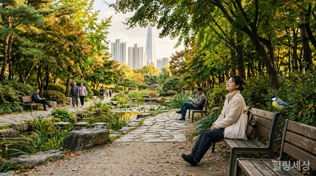 도심 속 공원에서 자연의 소리를 듣는 한국인들의 일상적인 모습