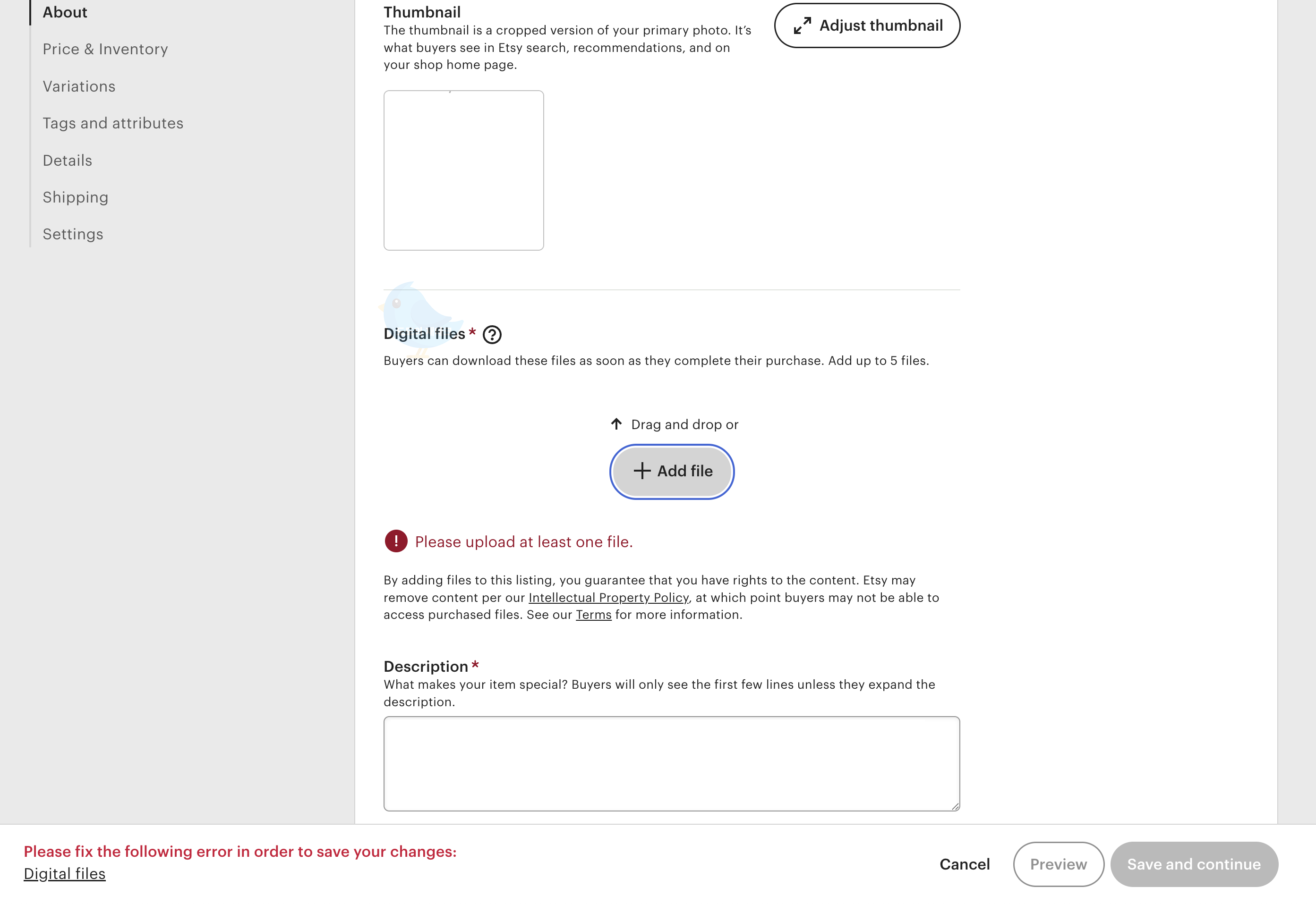엣시샵 개설(상품 디테일) 썸네일, 판매 디지털 파일 업로드, 상품 설명